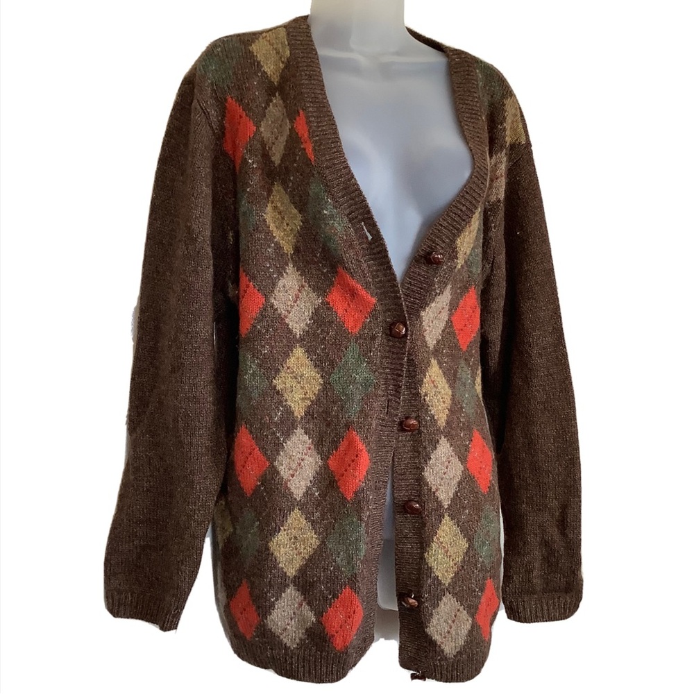 Vintage Gap Sweater Cardigan Diamond 100% Wool Preppy Grandpa Argyle Women's L - Picture 7 of 10